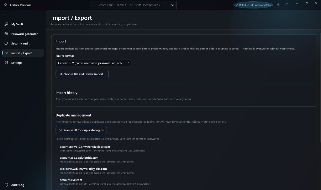 Fortiva import and export screen