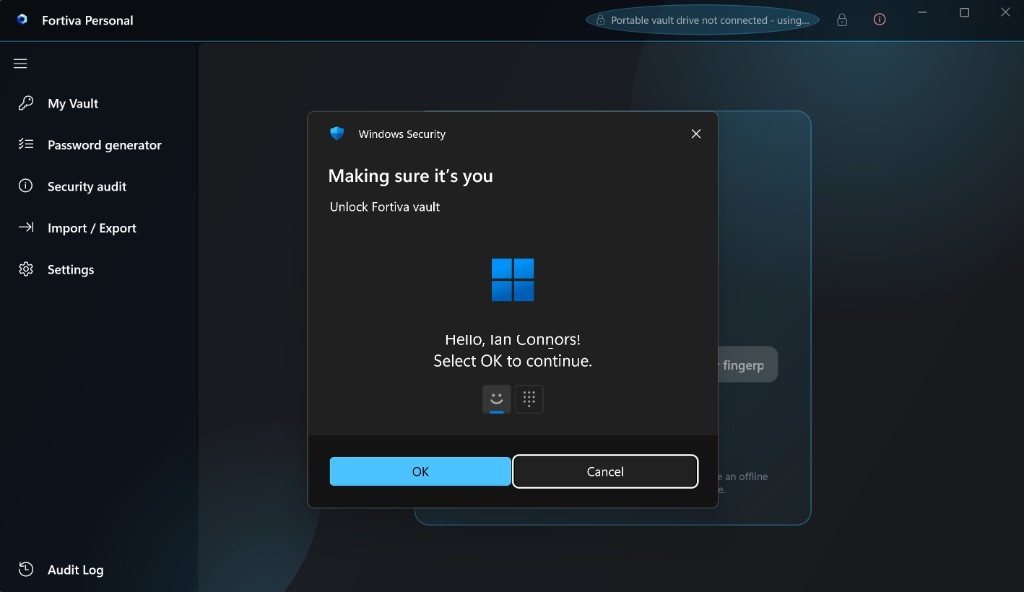 Windows Hello unlocking Fortiva vault